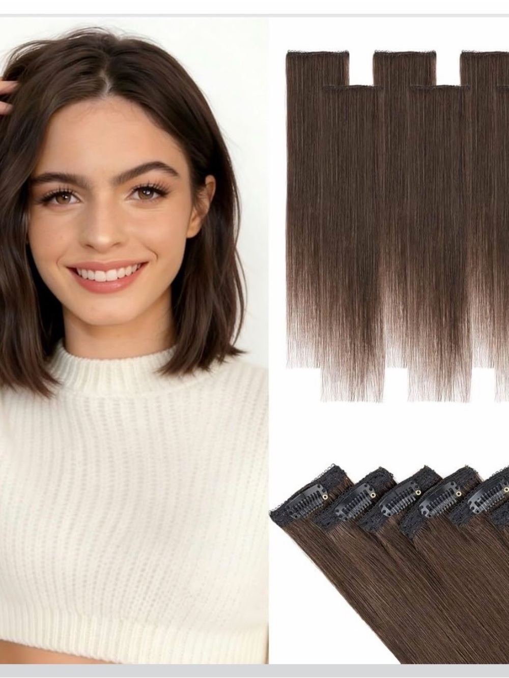 Hairro 6pcs Clip In Short Human Hair Extensions w/lace weft,14”,dark brown #2R